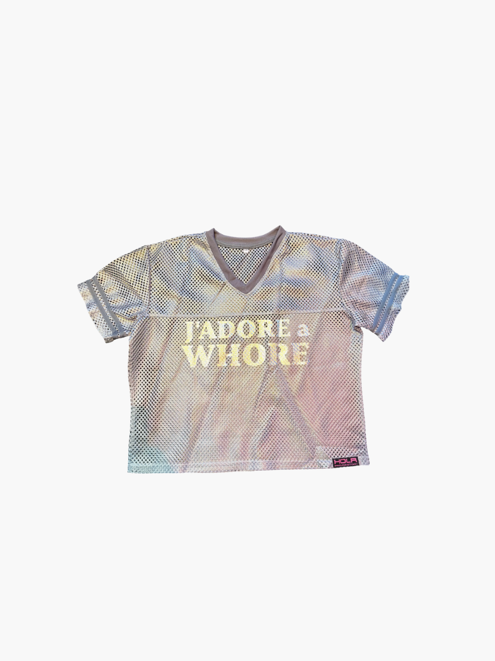 HOLR Long Crop Gray Pearl Mesh with Silver Foil Letters J'adore a Whore